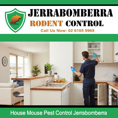 Jerrabomberra house mouse pest control technician inspecting kitchen cabinets and benchtops for rodent activity and entry points
